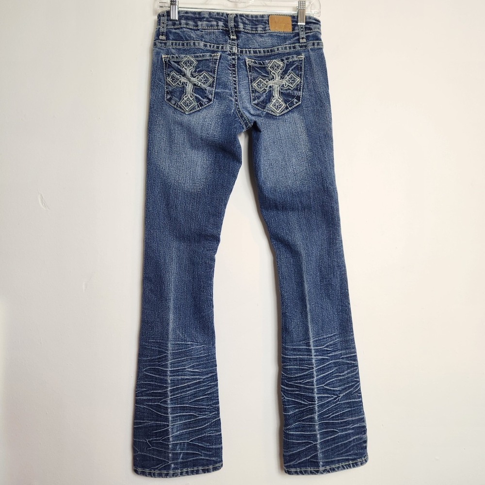 Wishful Park Jeans Size 5 Y2K Bootcut Flare Cross Embroidered Low Rise Western